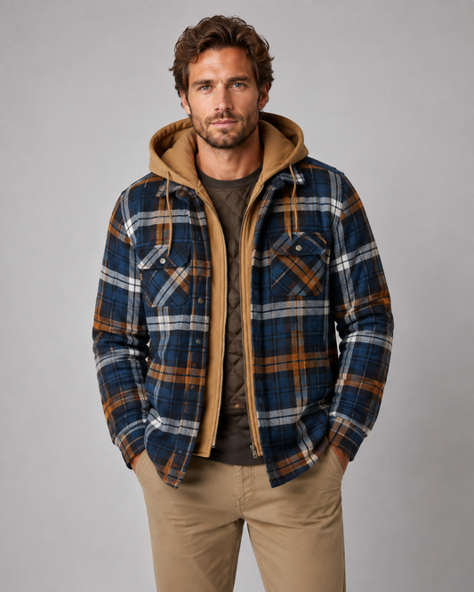 Herren-Overshirt mit kariertem Muster, Kapuze und Steppfutter