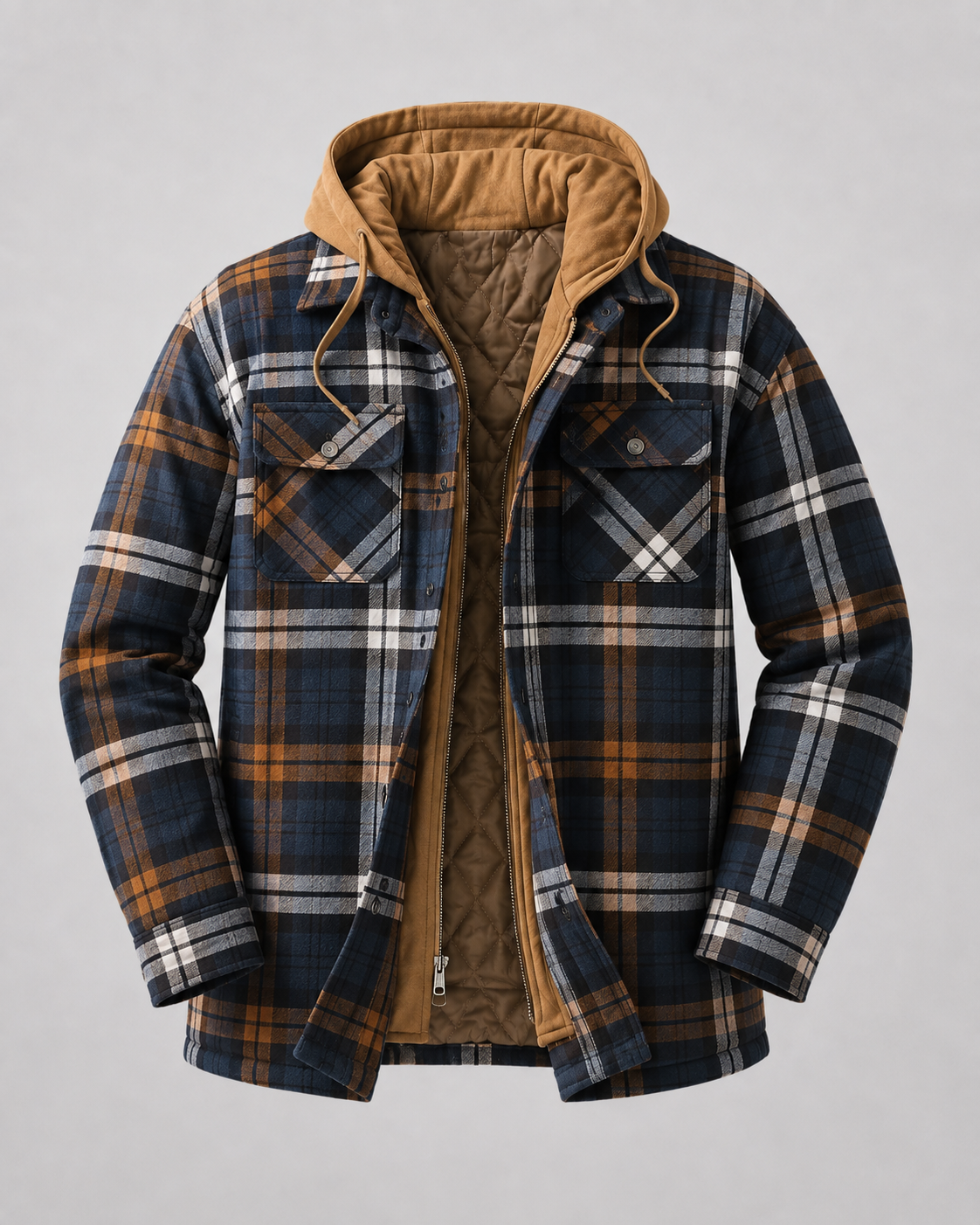 Herren Kariertes Overshirt Mit Kapuze Und Steppfutter