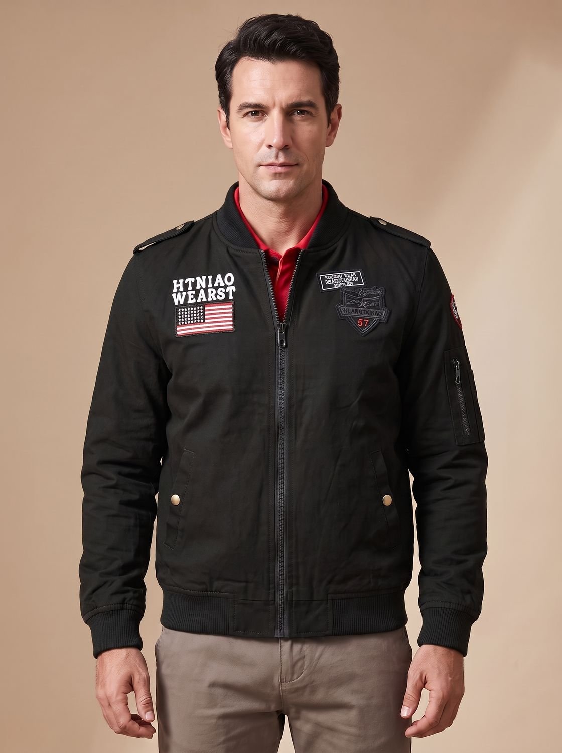Men's Bomber Jacket With Military Patches And Zipper
