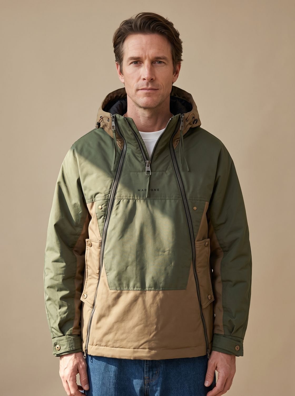 Herren-Steppjacke mit Kapuze und halbem Reißverschluss in der Vorderansicht