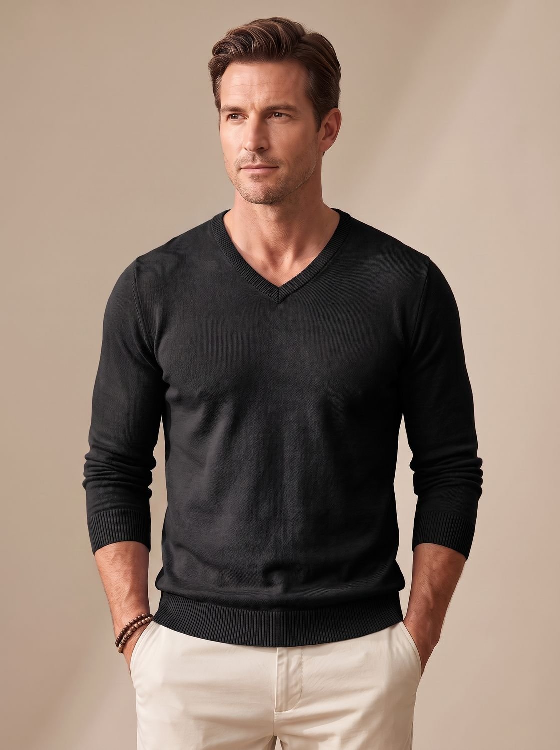 Men's fine-knit V-neck sweater slim fit