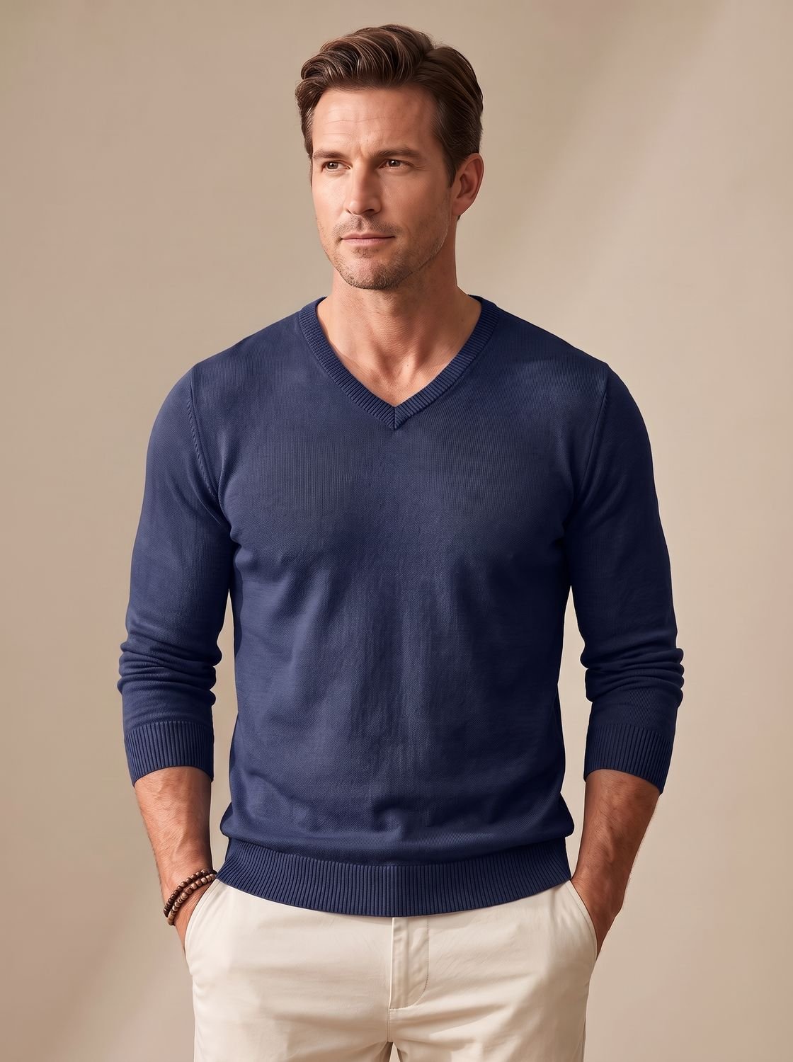 Men's fine-knit V-neck sweater slim fit