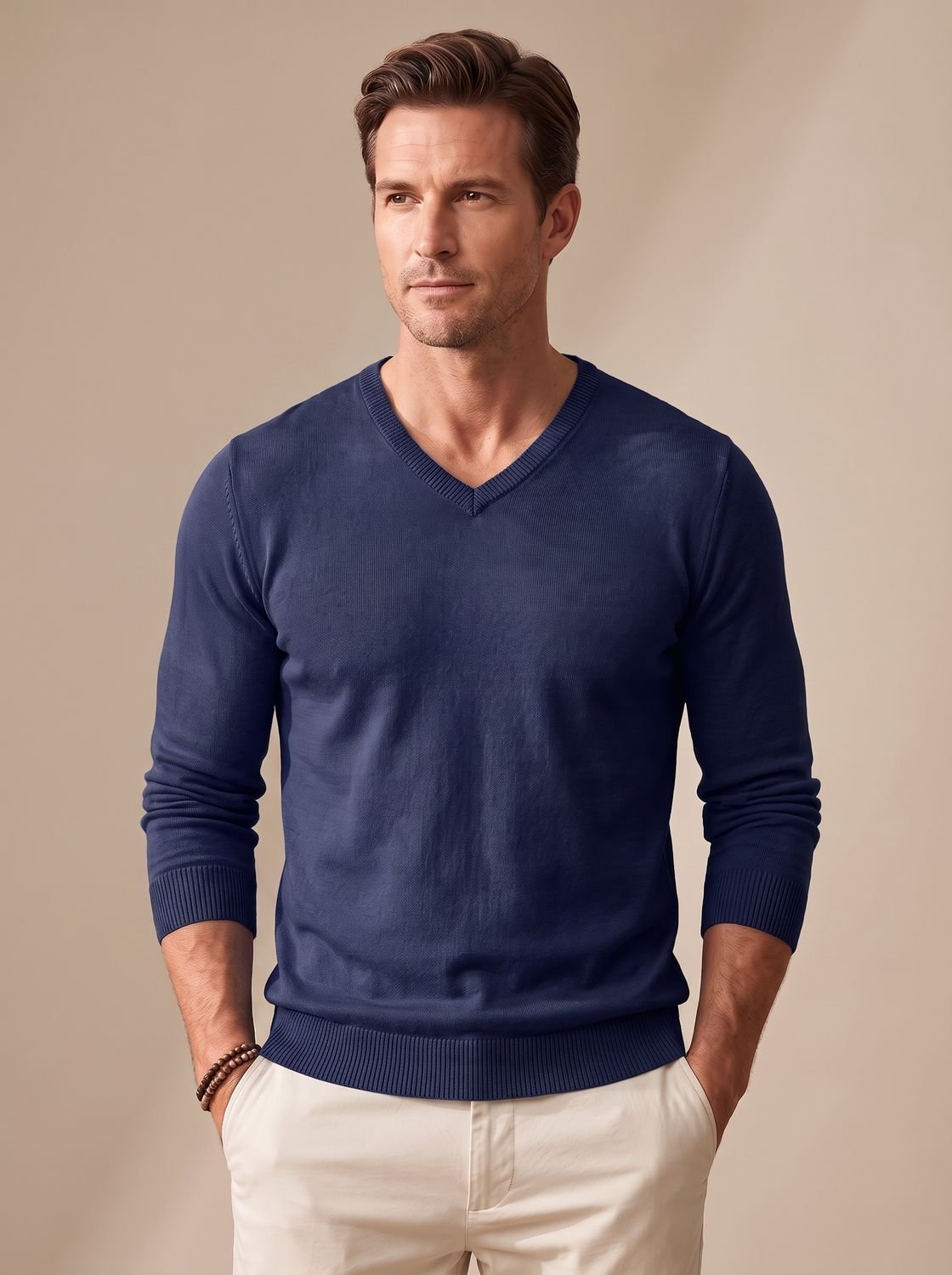Slim-Fit-Herrenpullover mit V-Ausschnitt in der Vorderansicht