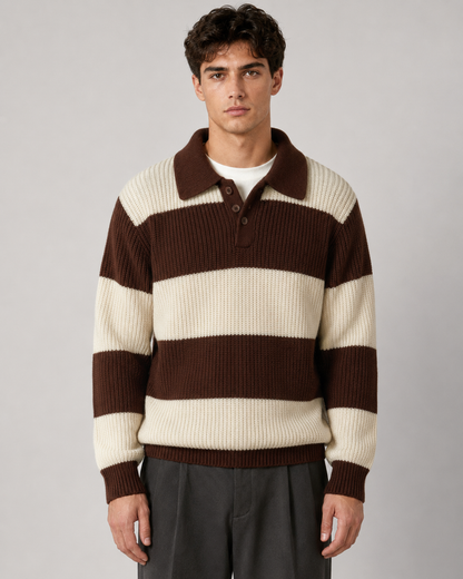 Gestreifter Herren-Strickpullover mit Polokragen und Knopfleiste