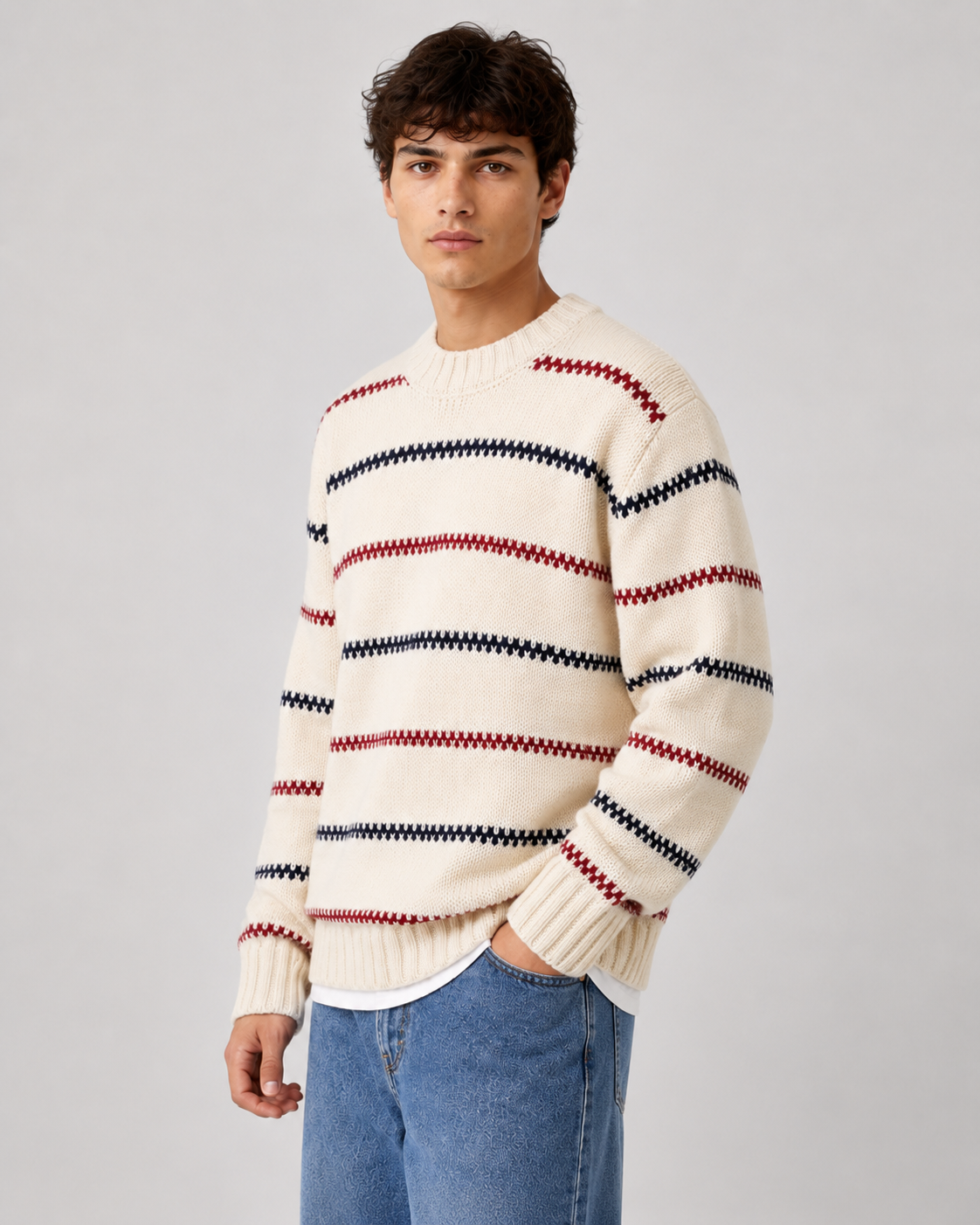 Gestreifter Strickpullover für Herren in Cremefarben, Vorderansicht