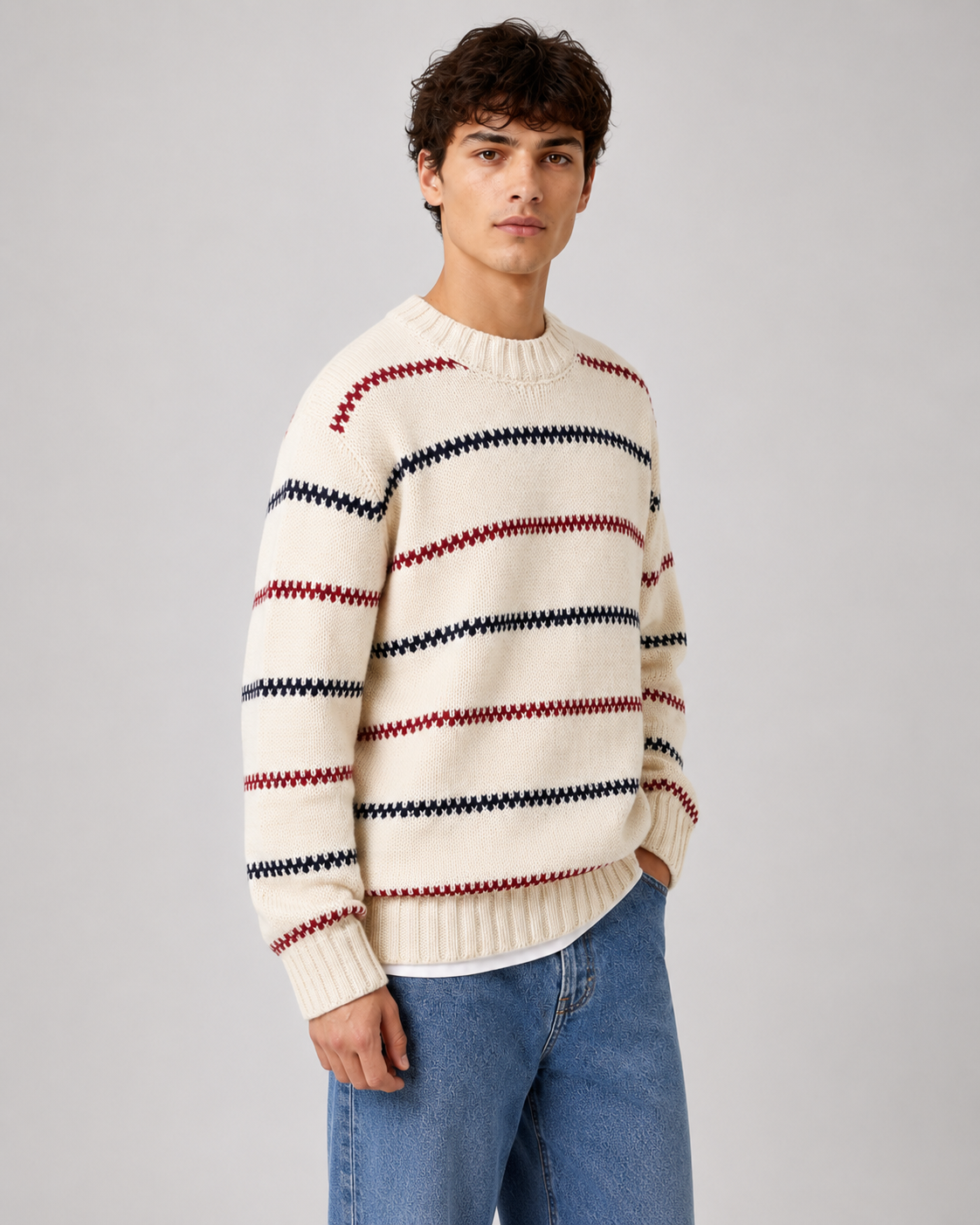 Cremefarbener Herrenpullover mit klassischem Rundhalsausschnitt