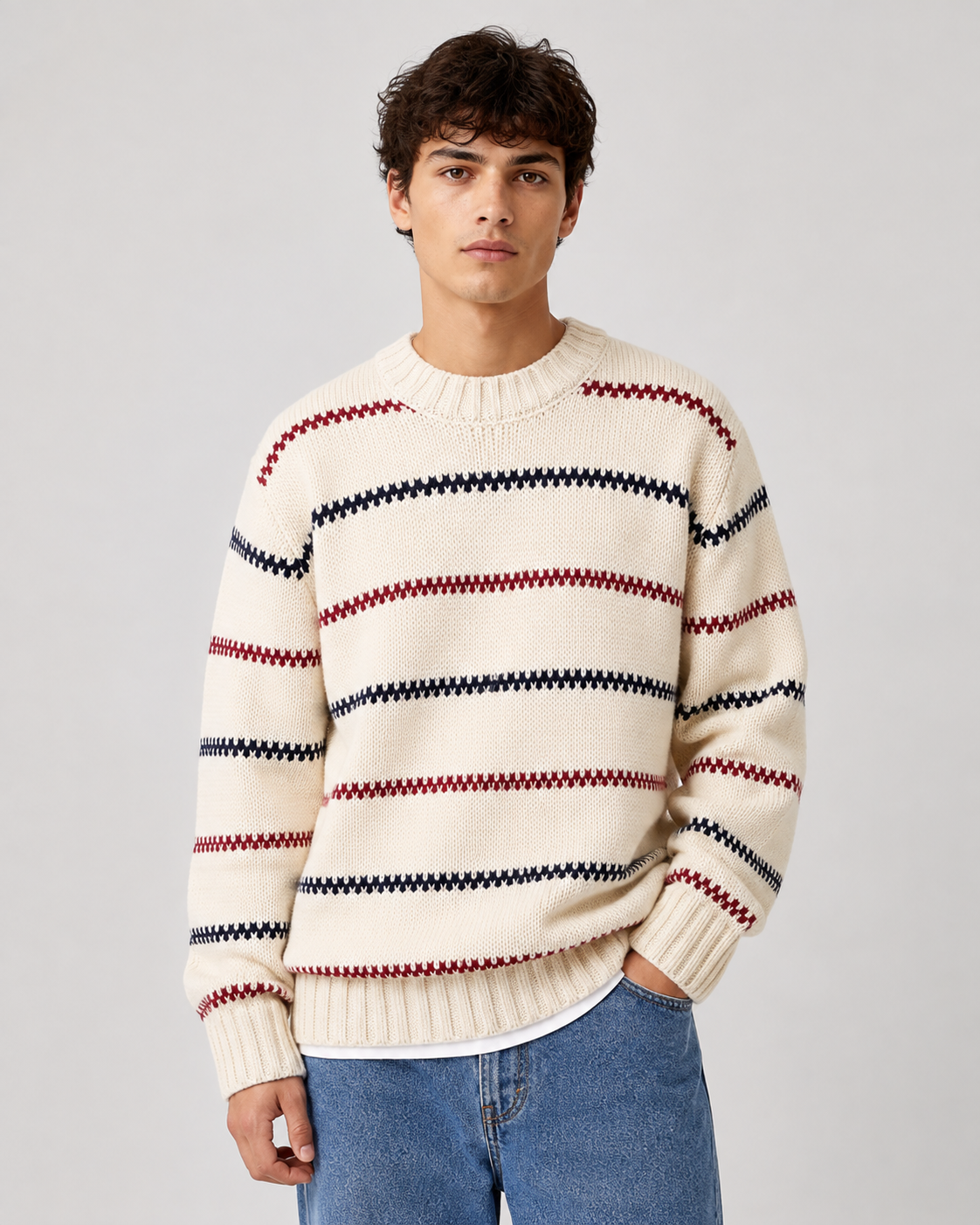 Cremefarbener Herren-Strickpullover für Herbst und Winter