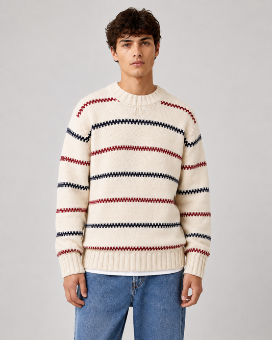 Herren-Strickpullover in Cremefarben mit gestreiftem Muster und Rundhalsausschnitt