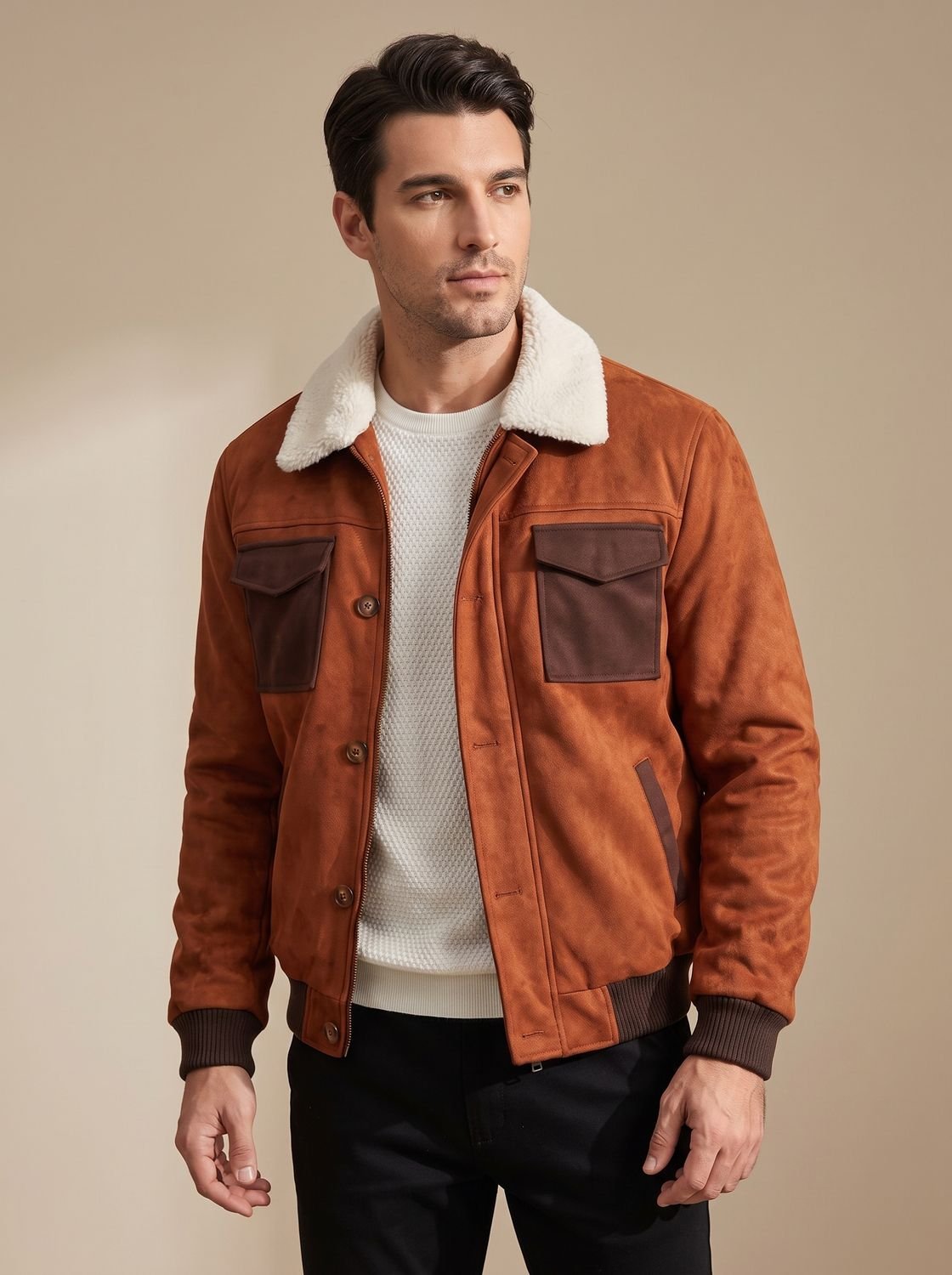Herren-Bomberjacke aus Wildleder mit warmem Sherpa-Futter