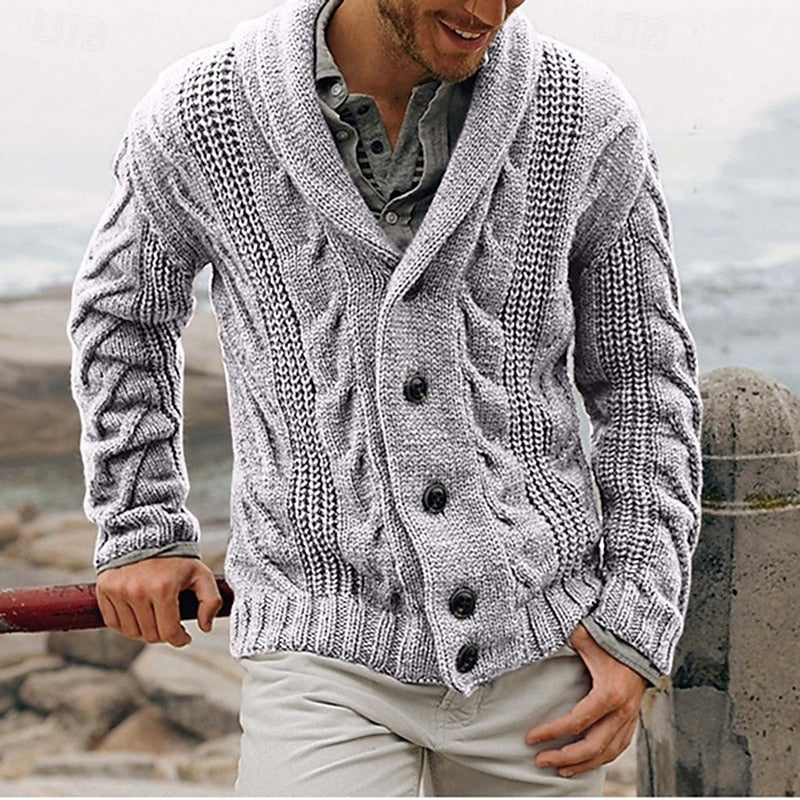 Men's Chunky Knit Cardigan with Shawl Collar