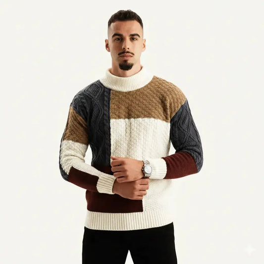 Herren Strickpullover im Patchwork-Design mit Rundhalsausschnitt, Vorderansicht