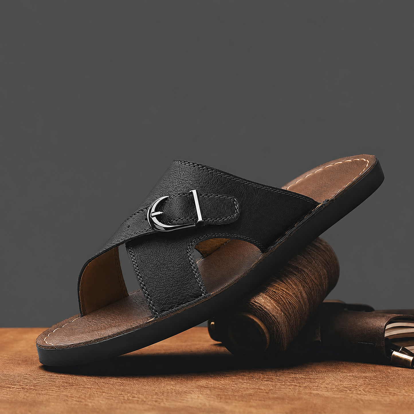 Herren Ledersandalen aus Leder, Detail von Fussbett und Riemen
