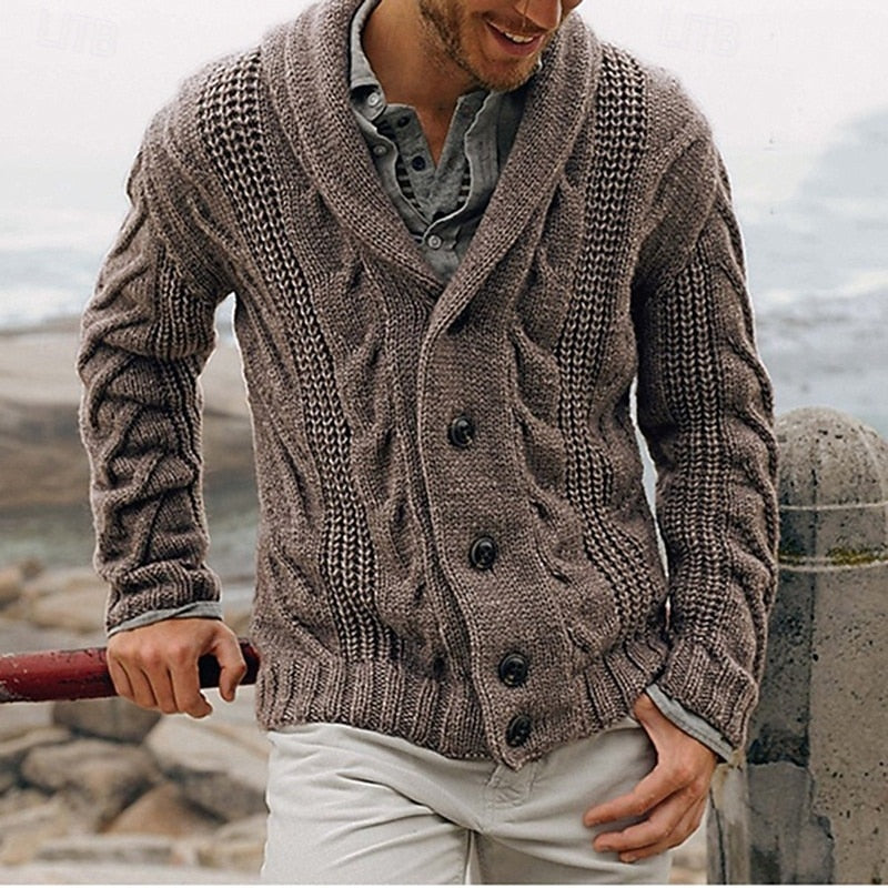 Men's Chunky Knit Cardigan with Shawl Collar