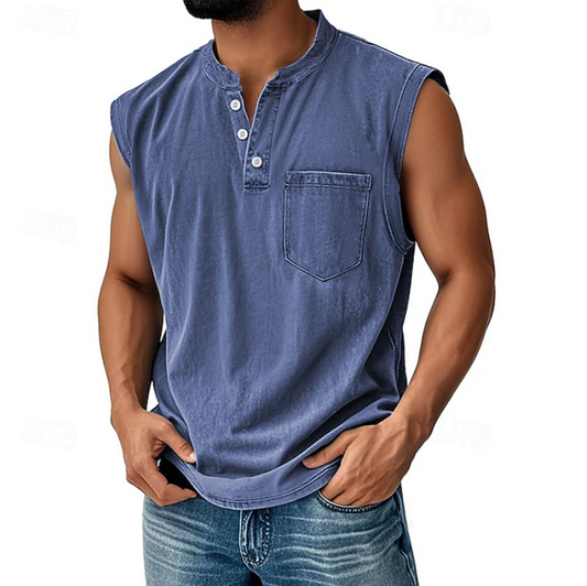 Herren Henley Tanktop ärmellos im Vintage-Stil, Vorderansicht