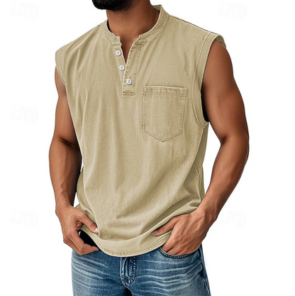 Vintage Henley Tanktop für Herren, Nahaufnahme von Stoff und Ausschnitt