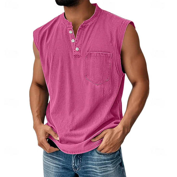 Herren Henley Tanktop für den Sommer, Detail der Knopfleiste