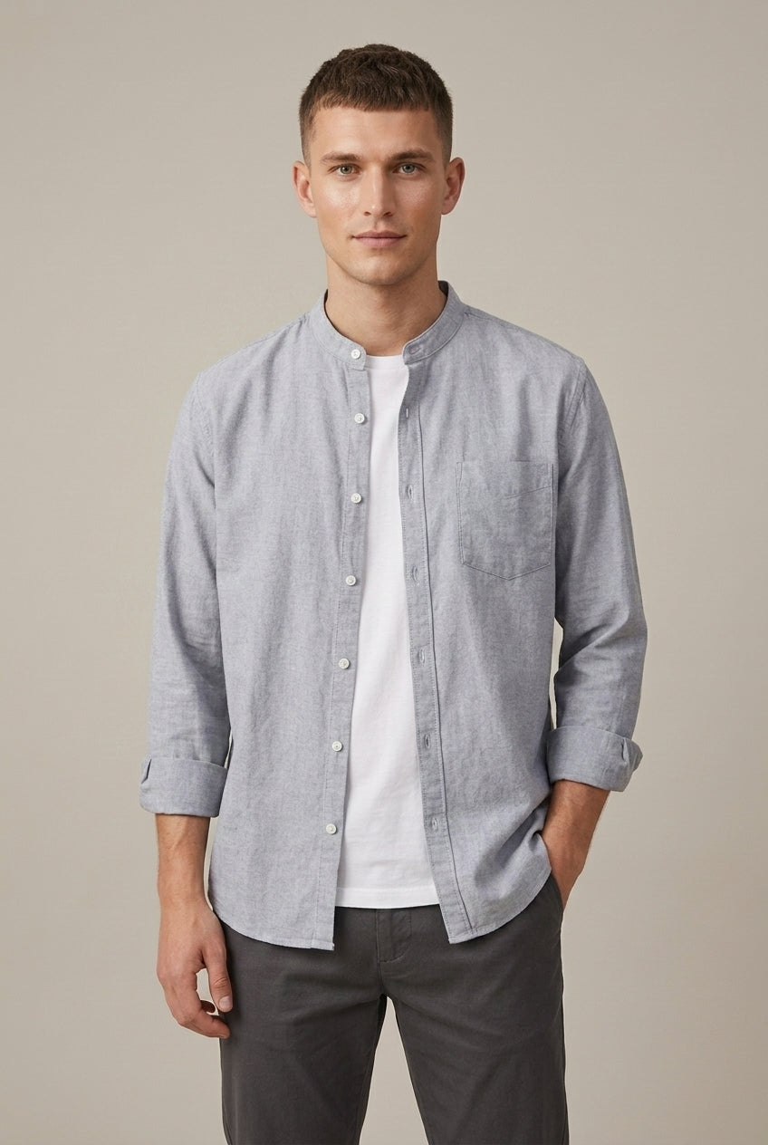 Linen-Blend Men's Shirt With Stand-Up Collar And Long Sleeves