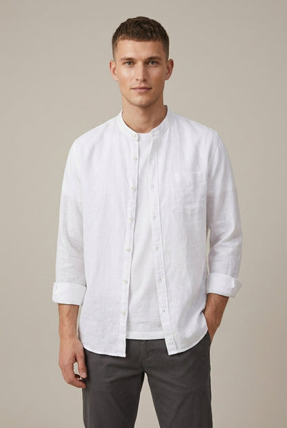 Linen-Blend Men's Shirt With Stand-Up Collar And Long Sleeves
