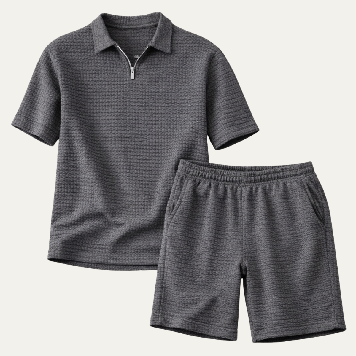 Waffelstrick Sommer-Set für Herren mit kurzärmeligem Polo und passenden Shorts
