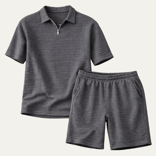 Waffelstrick Sommer-Set für Herren mit kurzärmeligem Polo und passenden Shorts