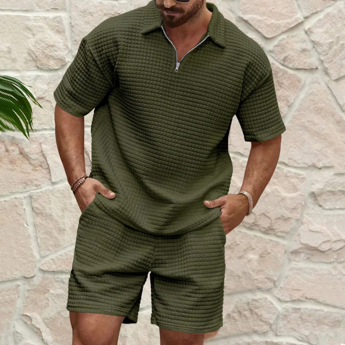 Komplettes Herren Sommer-Set aus Waffelstrick mit modernem relaxed fit