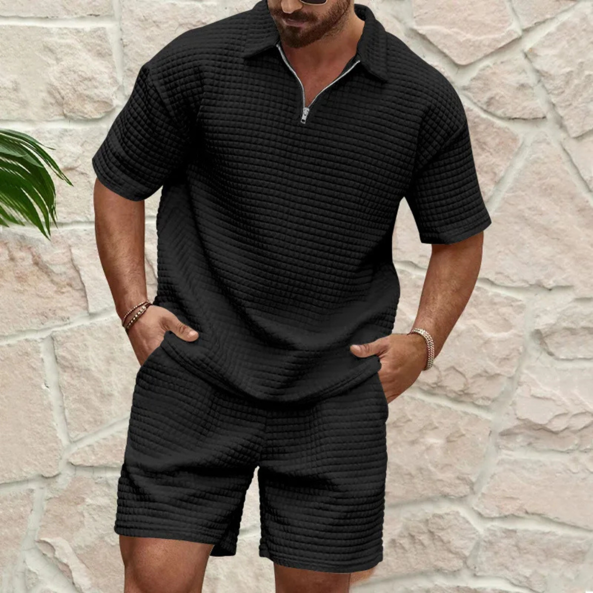 Herren Sommer Set In Waffelstrick Mit Relaxed Fit